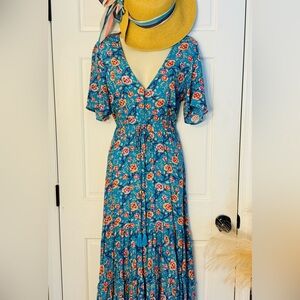Sunday Mi Amor Turquoise Flutter Sun Dress with Pink Florals